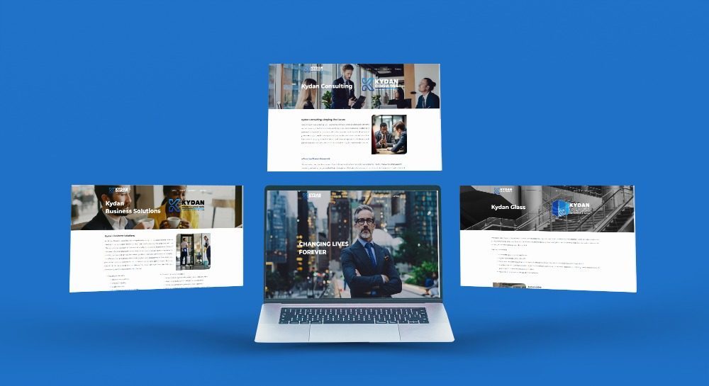 Professional website design for Kydan Business Consulting showcasing business consulting services, Kydan Investments website layout featuring investment solutions and client success stories.