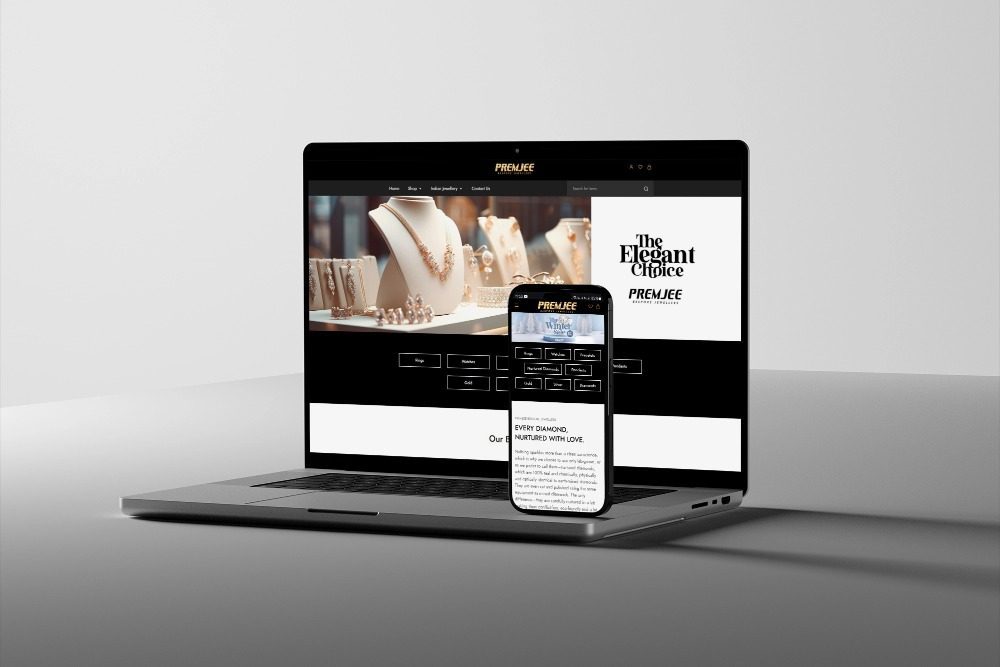 Elegant website design for Premjee Bespoke Jewellers highlighting bespoke jewellery services. Mobile-responsive view of the Premjee Bespoke Jewellers website with streamlined navigation.